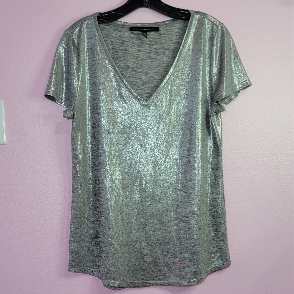 White House Black Market Silver Metallic  V-Neck T-Shirts/ M.